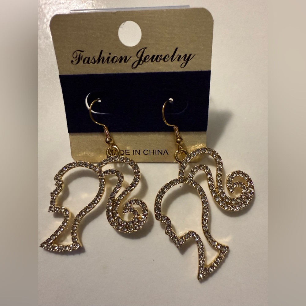 Fashion Jewelry Gold with White/Silver Rhinestone Silhouette Earrings